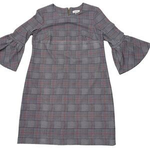 Calvin Klein Black White Red Houndstooth 3/4 Bell Sleeve Knee Length Dress Sz 14